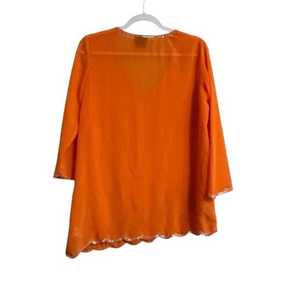 Tco. Long Sleeve V Neck Blouse Women's M Orange Sheer Lightweight Boho Beaded - Picture 2 of 4